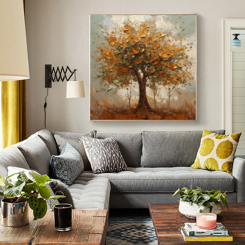 Handmade Oil Painting Canvas Wall Art Decoration Modern Orange Autumn Trees Abstract Square Home Dining Room Bedroom Decor Rolled Frameless Unstretched Painting - Image 4