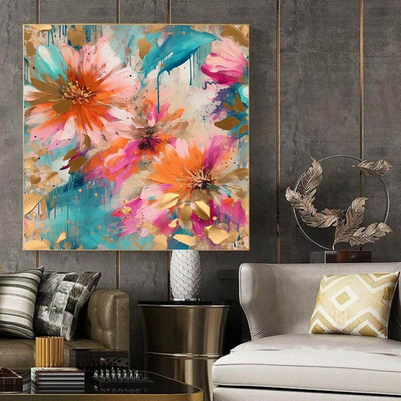 Handmade Oil Painting Canvas Wall Art Decoration Modern Peony Flower Abstract Square Home Dining Room Bedroom Decor Rolled Frameless Unstretched Painting - Image 5