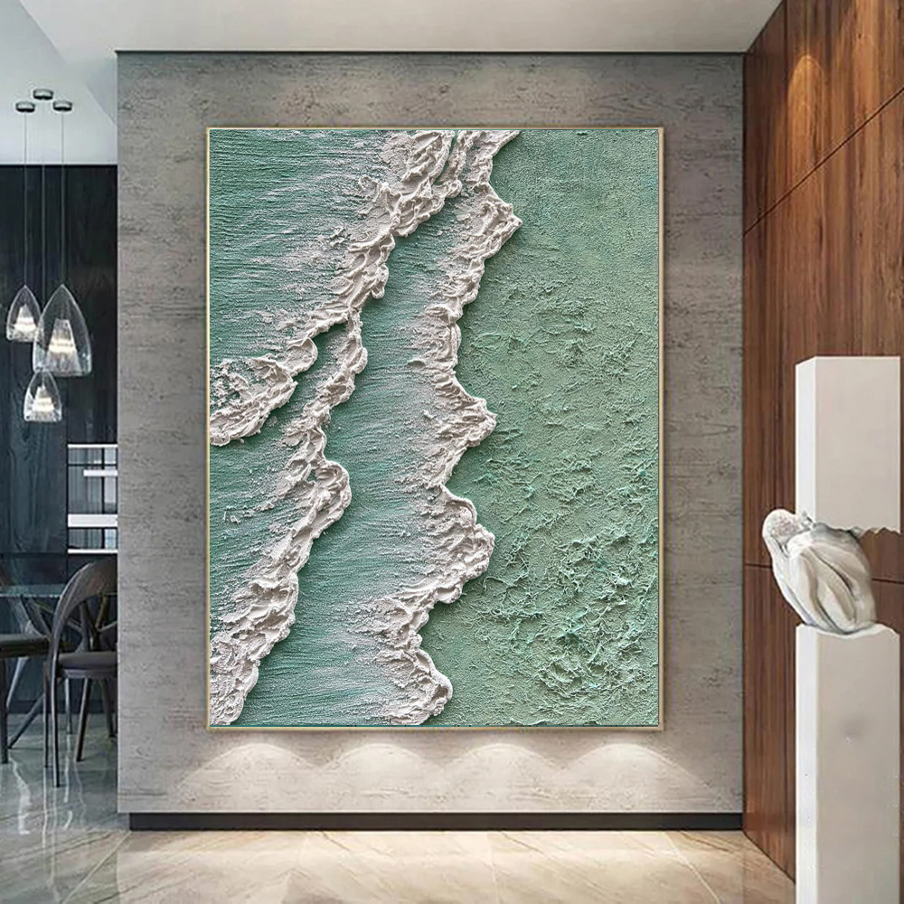 Ocean Waves Abstract Textured Thick Oil Painting Hand Painted Green And White Cream Style Texture Canvas Art Wabi Sabi Painting Waves Art Decor