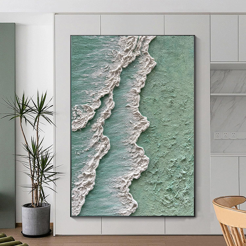 Ocean Waves Abstract Textured Thick Oil Painting Hand Painted Green And White Cream Style Texture Canvas Art Wabi Sabi Painting Waves Art Decor - Image 2