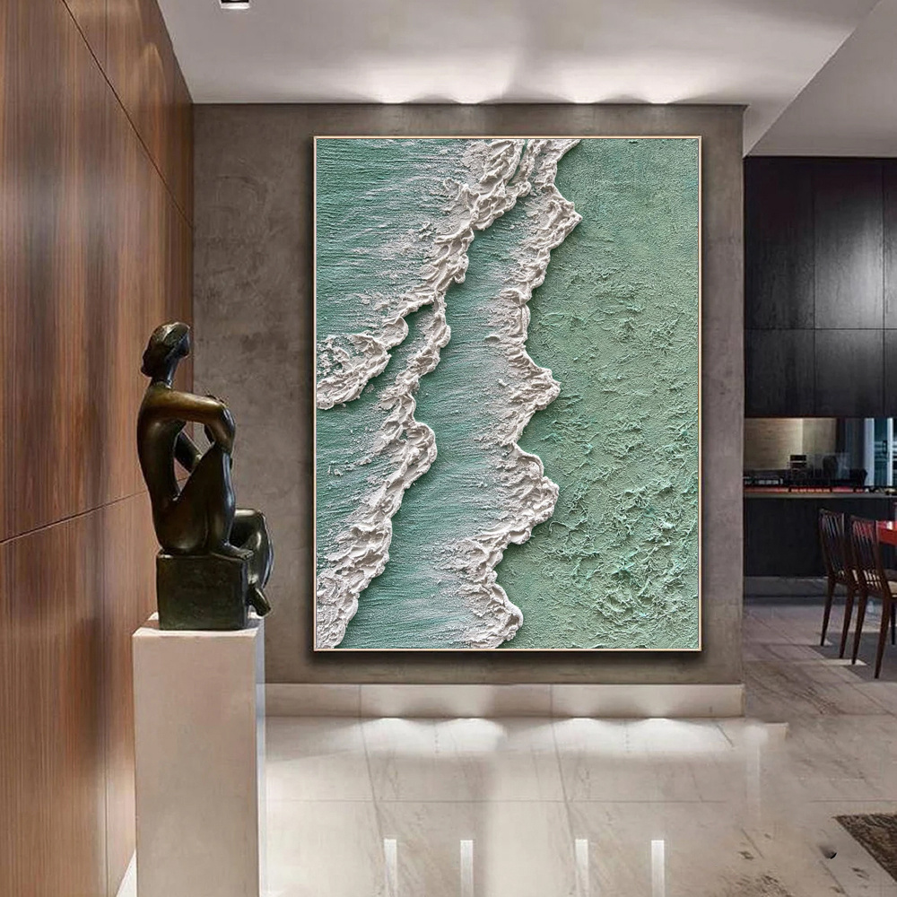 Ocean Waves Abstract Textured Thick Oil Painting Hand Painted Green And White Cream Style Texture Canvas Art Wabi Sabi Painting Waves Art Decor - Image 3