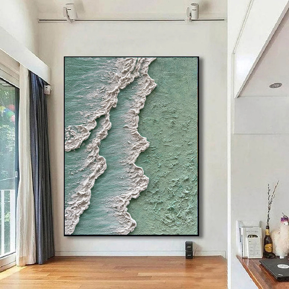 Ocean Waves Abstract Textured Thick Oil Painting Hand Painted Green And White Cream Style Texture Canvas Art Wabi Sabi Painting Waves Art Decor - Image 4