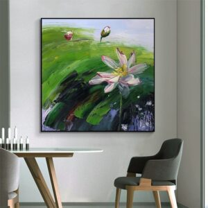 Abstract Countryside Oil Painting Hand Painted Rural Landscape With Lotus Flowers Canvas Wall Art For Home Dining Room Decor