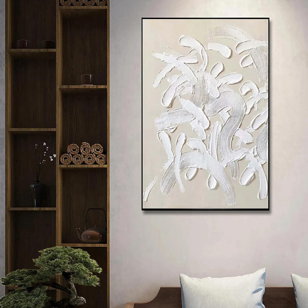 Handmade Oil Painting White Design Thick Acrylic Wall Art Decoration Abstract Knife Artwork For Home Wedding Room Decor Rolled Frameless Unstretched Painting - Image 3