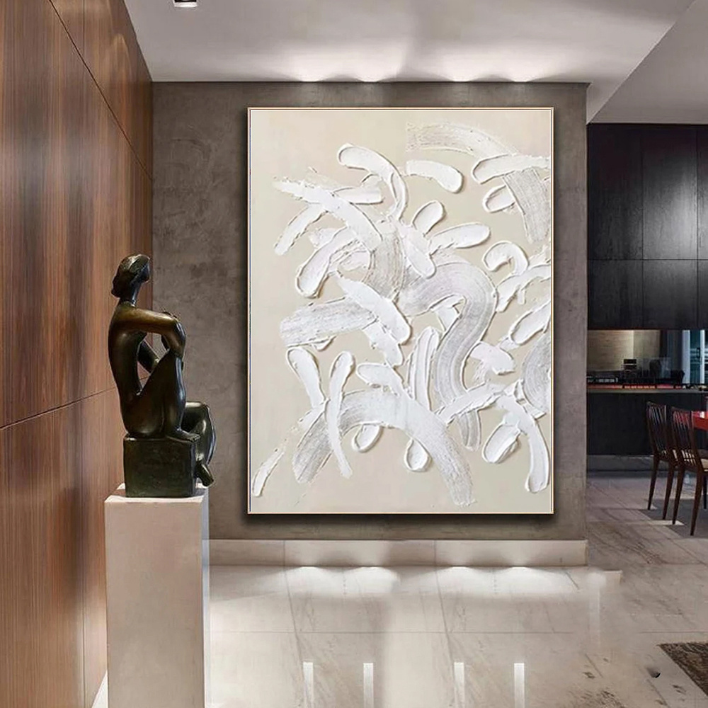 Handmade Oil Painting White Design Thick Acrylic Wall Art Decoration Abstract Knife Artwork For Home Wedding Room Decor Rolled Frameless Unstretched Painting - Image 5