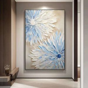 Abstract Blue White Flower Oil Painting On Canvas Modern Textured Wall Art Hand Painted Blooming Flower Bedroom Home Decor
