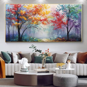 Colorful Abstract Tree Thick Oil Painting Hand Painted Forest Late Autumn Morning View Canvas Modern Artwork Landscape Wall Art For Home Decor