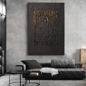 Large Black Abstract Handmade Painting Gold Textured Wall Art Minimalist Wabi-sabi Modern Home Living Room Decor