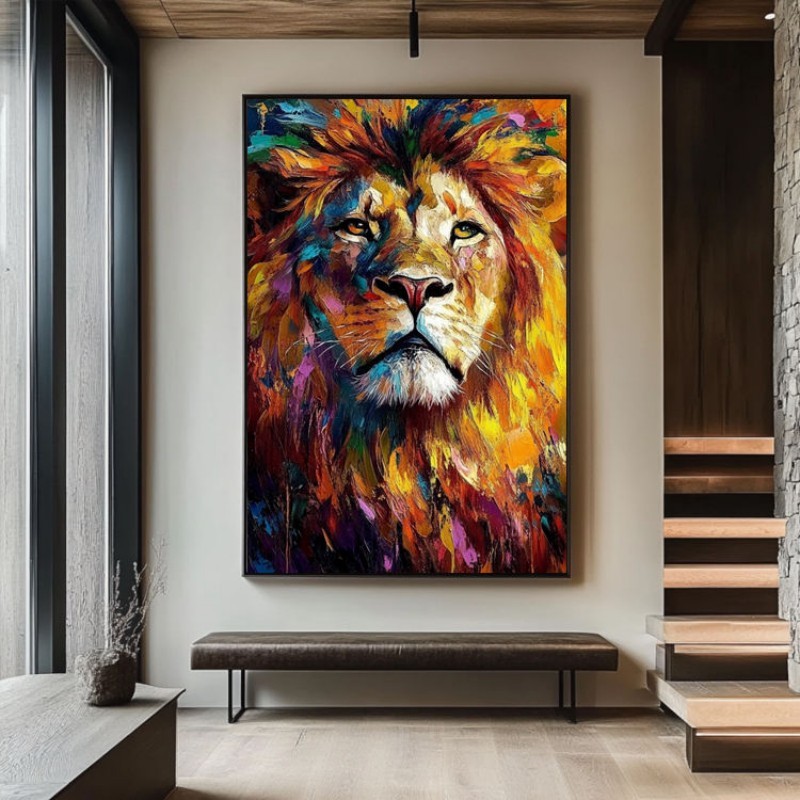 Abstract Animal Canvas Handmade Oil Painting Colorful Lion Painting Modern Stylish Animals Wall Art Home Living Room Decor - Image 3