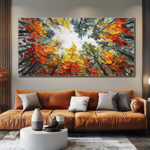 Modern Brich Treescape Landscape Canvas Artwork Handpainted Orange Forest Thick Oil Painting Natural Home Wall Decor