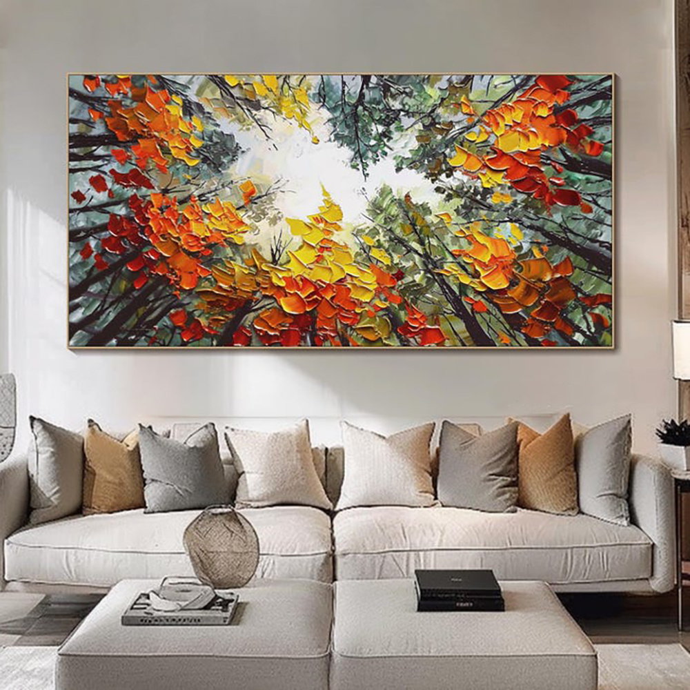 Modern Brich Treescape Landscape Canvas Artwork Handpainted Orange Forest Thick Oil Painting Natural Home Wall Decor - Image 2
