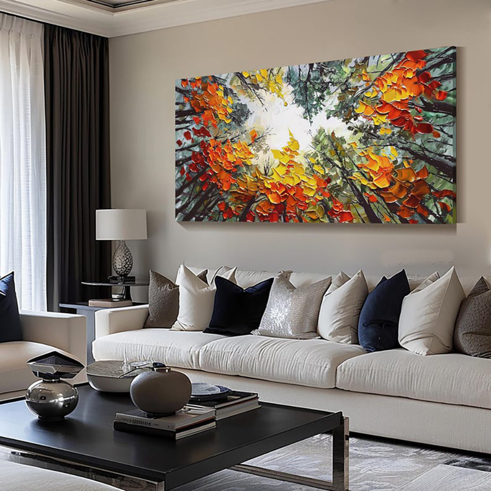 Modern Brich Treescape Landscape Canvas Artwork Handpainted Orange Forest Thick Oil Painting Natural Home Wall Decor - Image 3
