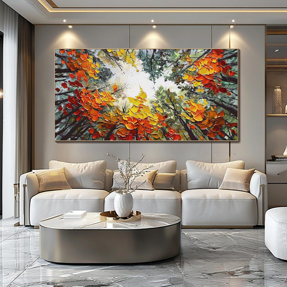 Modern Brich Treescape Landscape Canvas Artwork Handpainted Orange Forest Thick Oil Painting Natural Home Wall Decor - Image 4