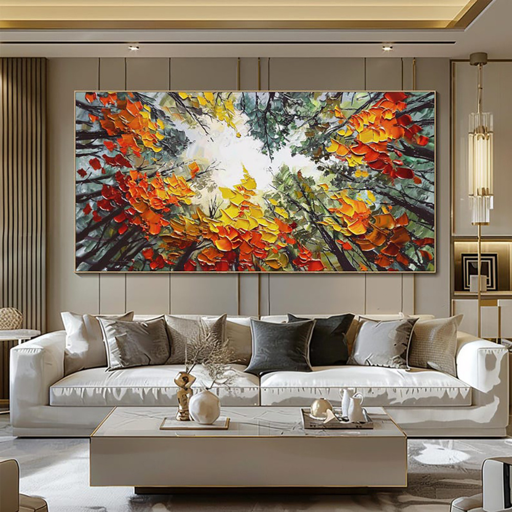 Modern Brich Treescape Landscape Canvas Artwork Handpainted Orange Forest Thick Oil Painting Natural Home Wall Decor - Image 5