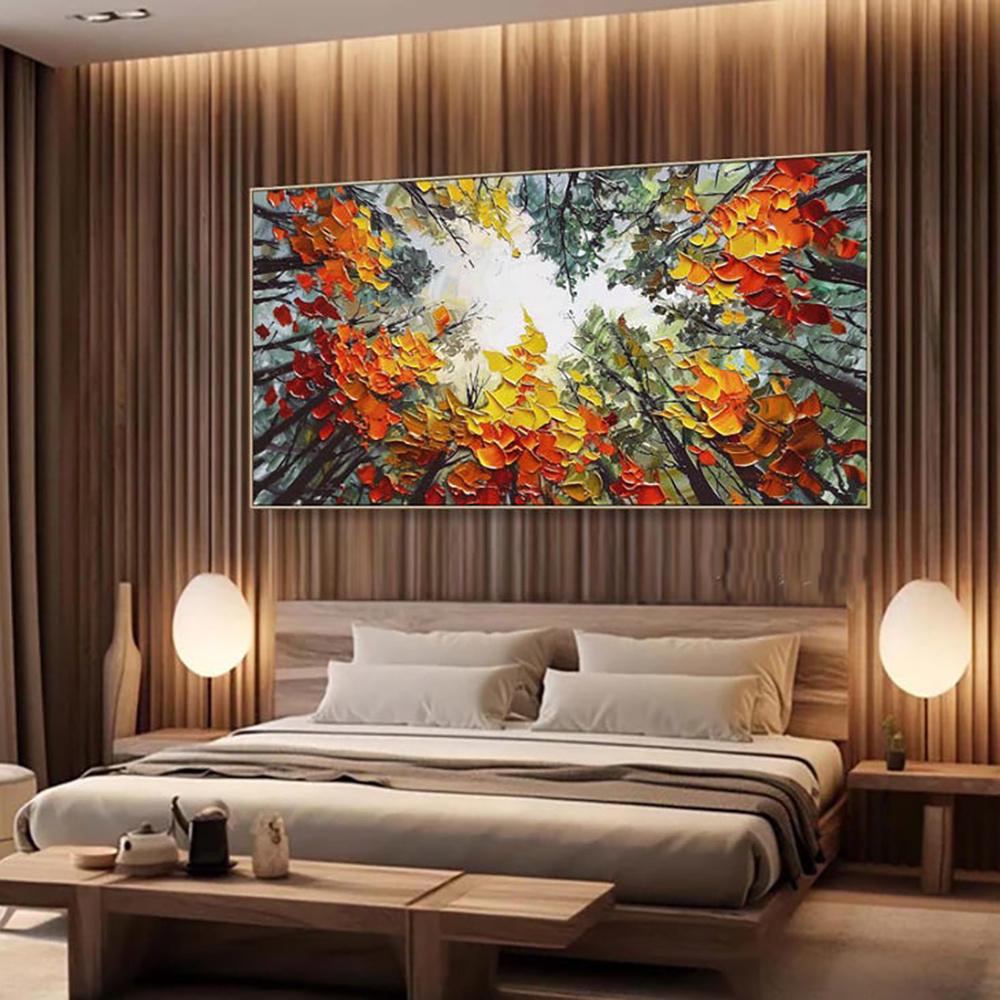 Modern Brich Treescape Landscape Canvas Artwork Handpainted Orange Forest Thick Oil Painting Natural Home Wall Decor - Image 6