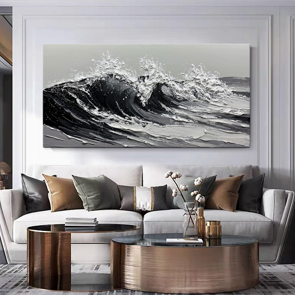Large Gray And White Seawaves Seascape Oil Painting On Canvas Handmade Black Texture Knife Thick Wall Art For Home Living Room Decor Mural