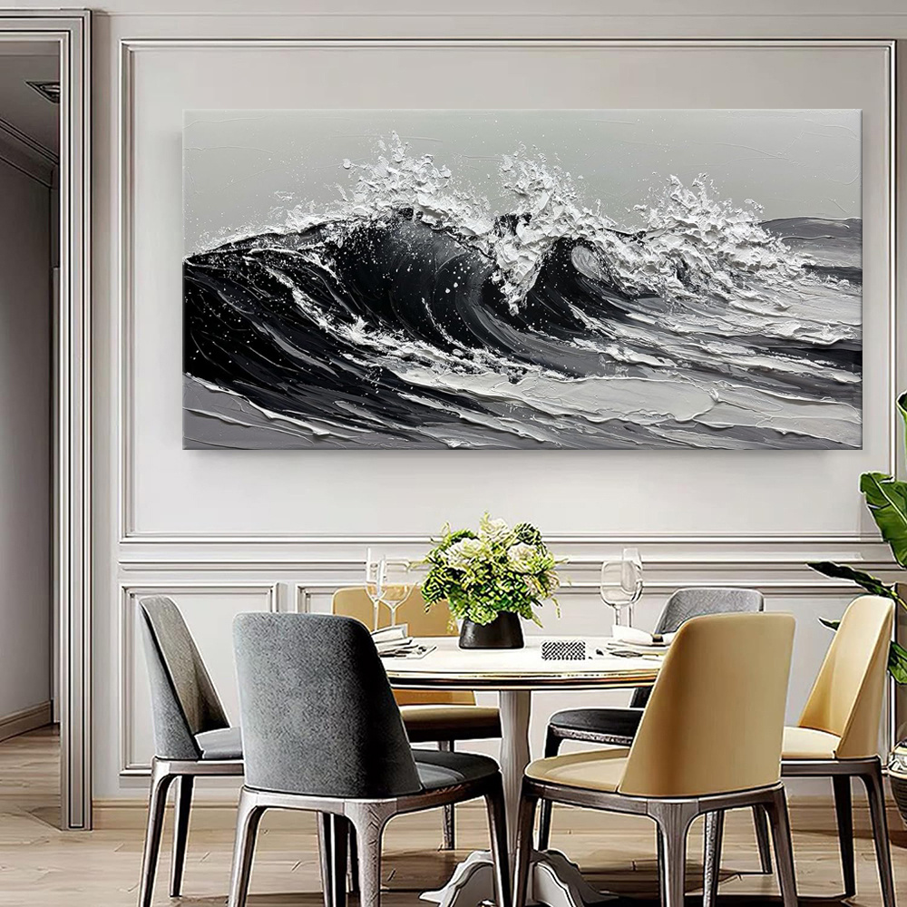Large Gray And White Seawaves Seascape Oil Painting On Canvas Handmade Black Texture Knife Thick Wall Art For Home Living Room Decor Mural - Image 2