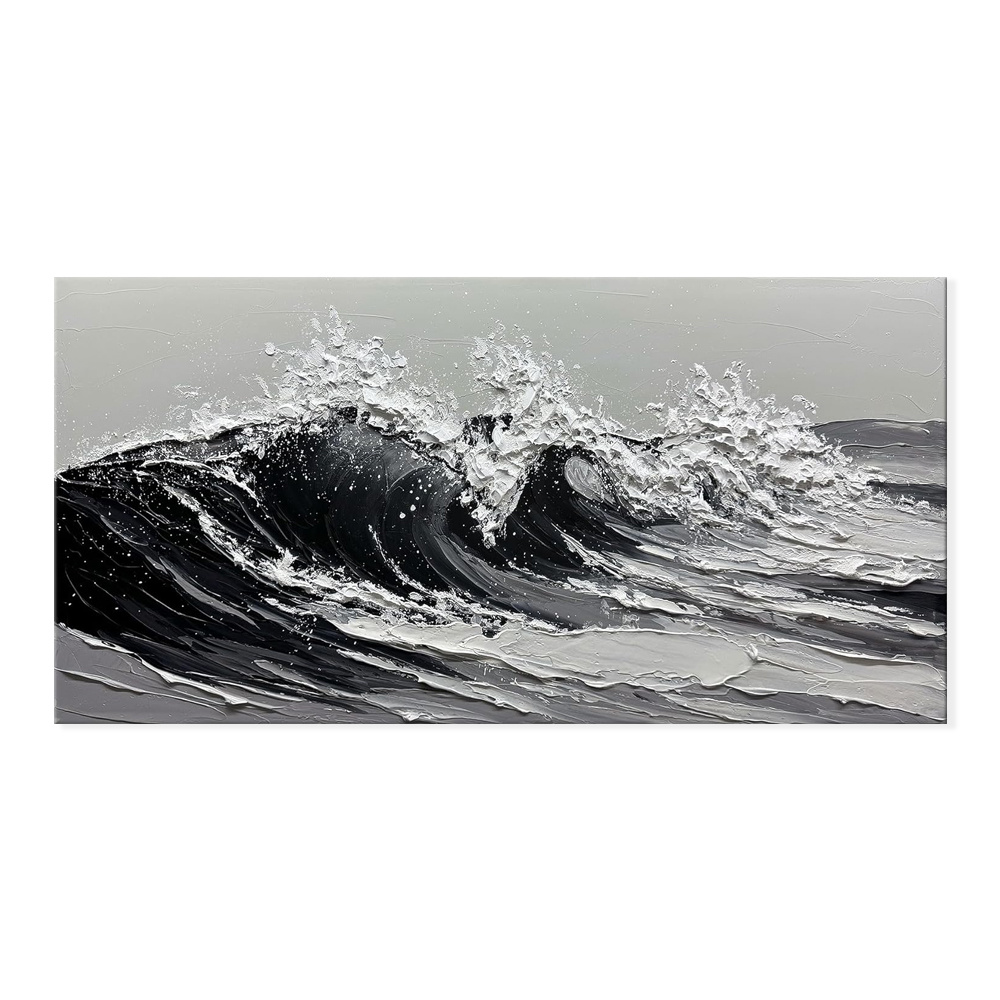 Large Gray And White Seawaves Seascape Oil Painting On Canvas Handmade Black Texture Knife Thick Wall Art For Home Living Room Decor Mural - Image 3