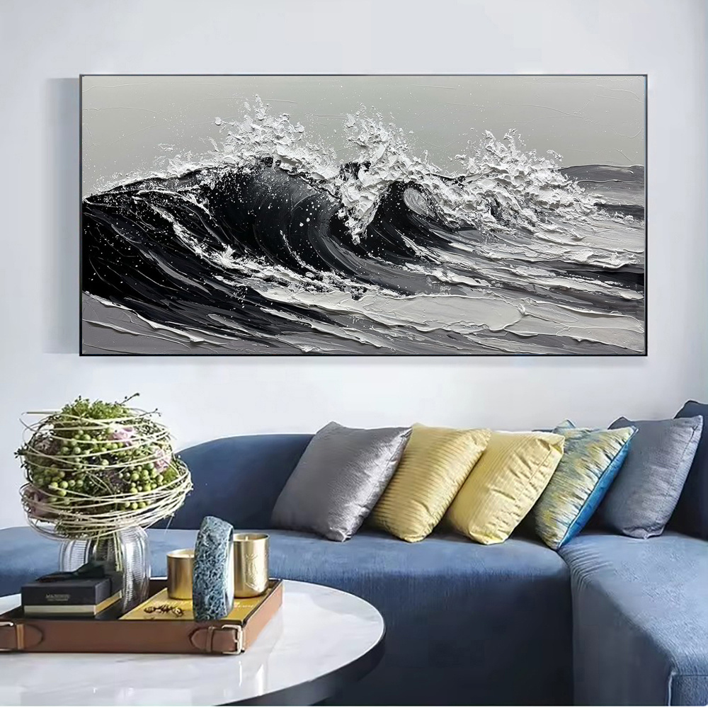 Large Gray And White Seawaves Seascape Oil Painting On Canvas Handmade Black Texture Knife Thick Wall Art For Home Living Room Decor Mural - Image 5
