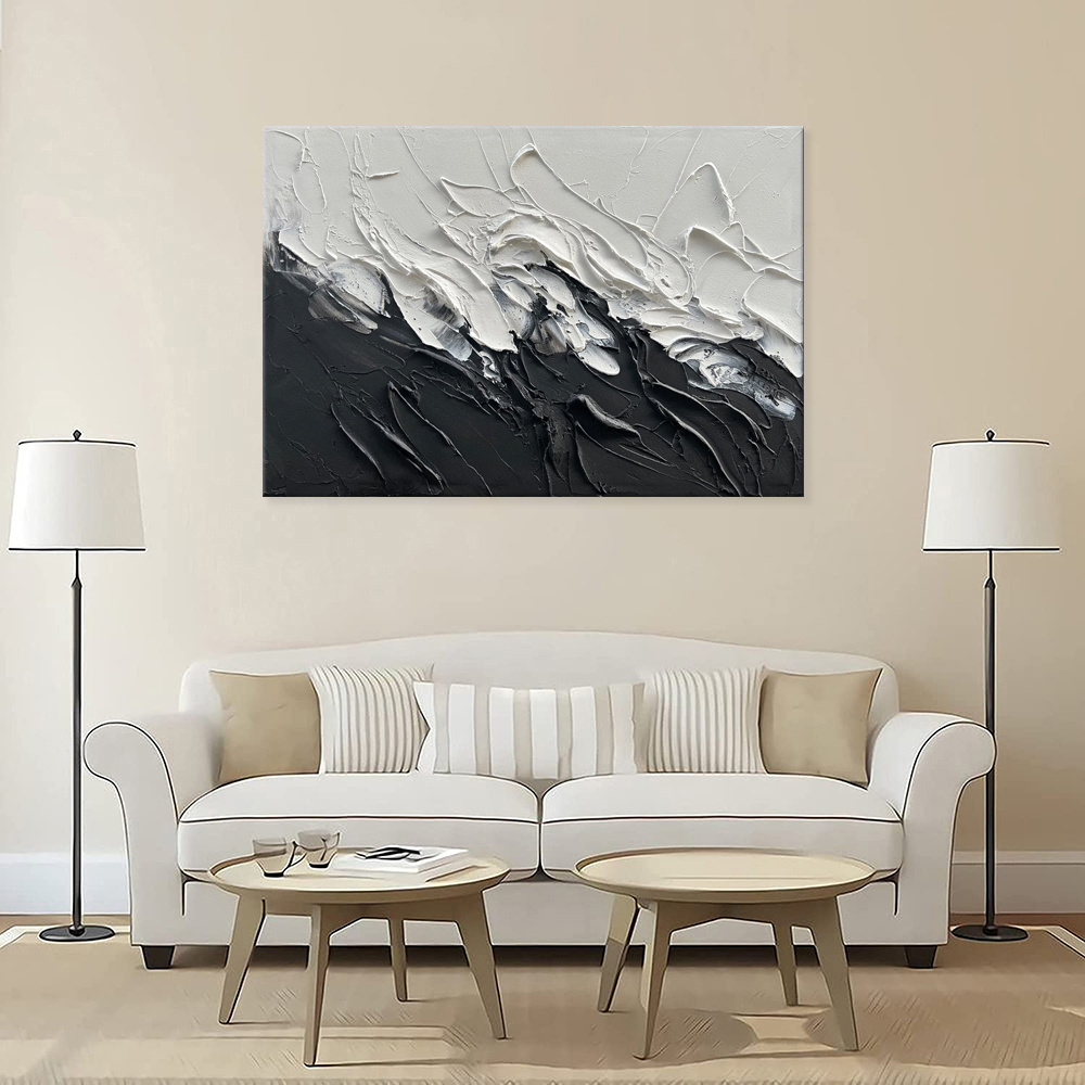 Simple Design Handmade Black And White Knife Thick Oil Painting On Canvas Abstract Wall Art Decor For Living Room Decor As Gifts - Image 3