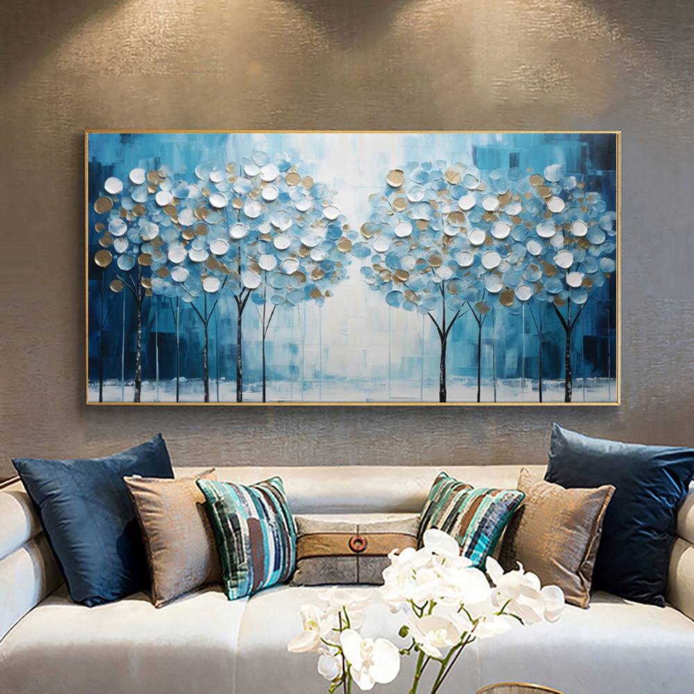 Abstract Blue Tree Of Life Canvas Hand-Painted Oil Painting Modern Lucky Fortune Tree Large Size Boho Home Decor - Image 2