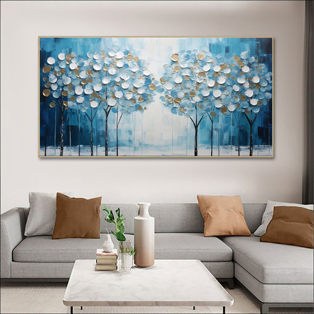 Abstract Blue Tree Of Life Canvas Hand-Painted Oil Painting Modern Lucky Fortune Tree Large Size Boho Home Decor - Image 3