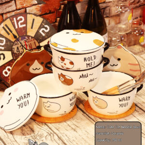 Kawaii Japanese Cat Bowl High Capacity Spoon with Lid Ceramics Instant Noodle Bowl Young Girl Dorm Room Student Office Bowls Mug
