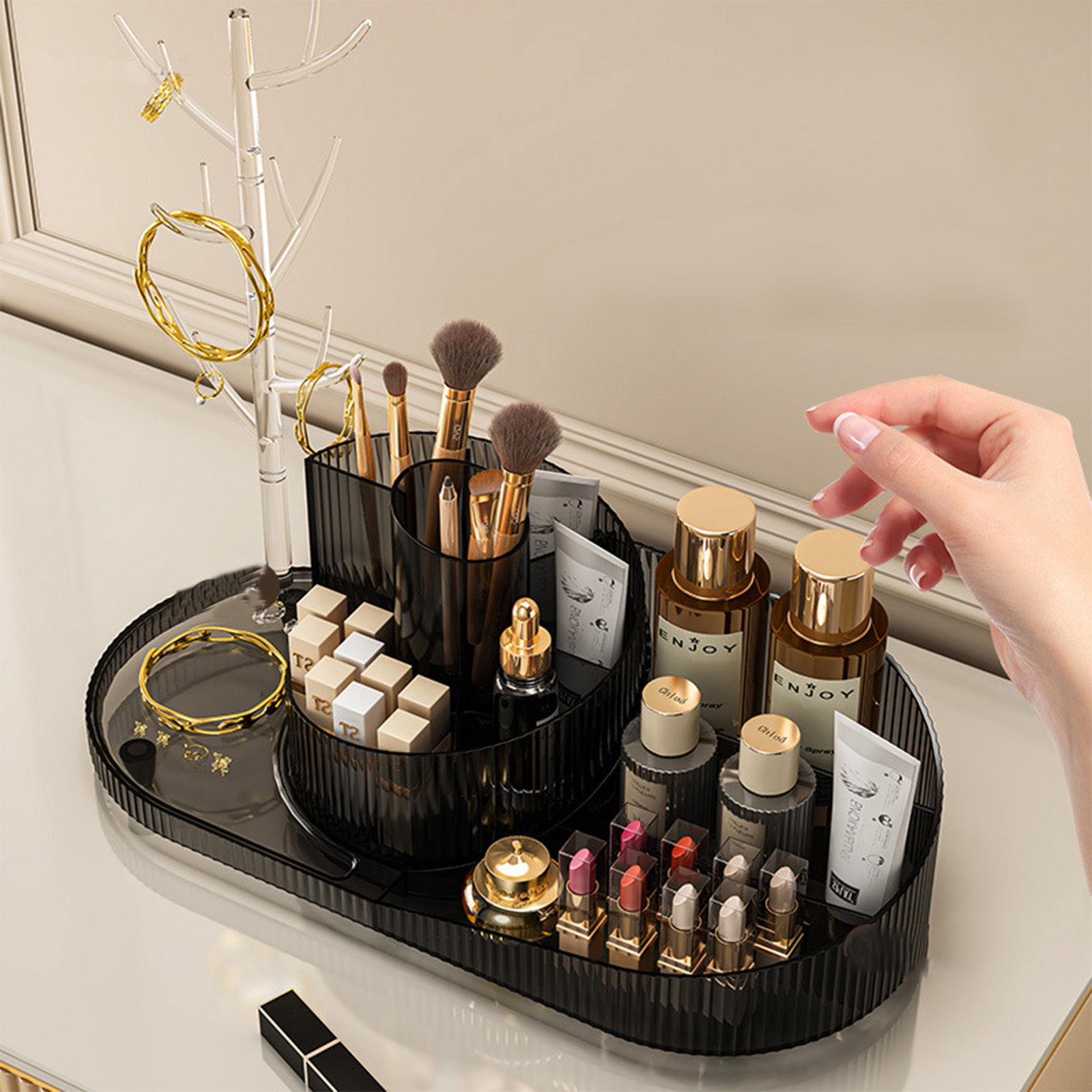 Rotating Makeup Organizer With Jewelry Storage Large Capacity Cosmetic Display Case Holds 20 Brushes, 10 Lipsticks, 8 Skincare Products 360 Spinning Vanity Organizer For Countertop & Bathroom - Image 3