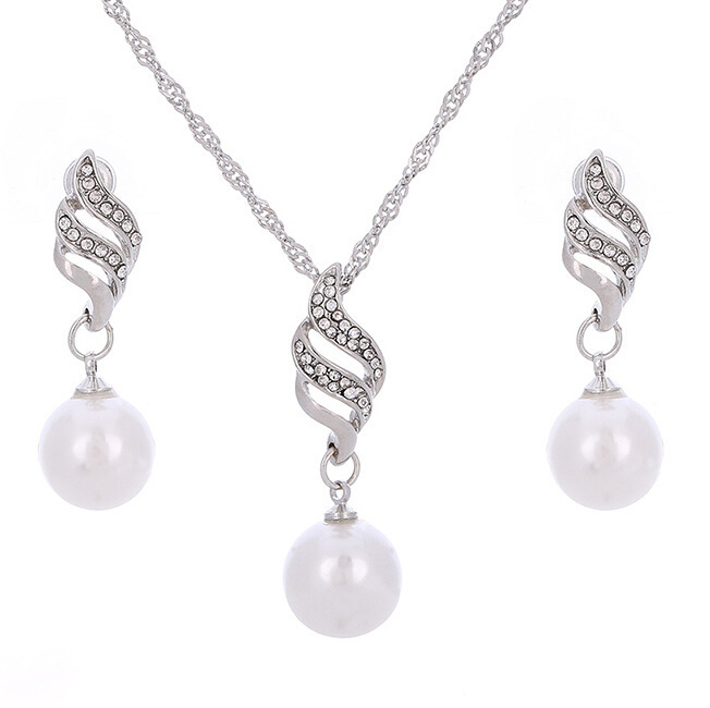 Europe and the United States eBay explosion models accessories wholesale bride accessories Pearl Diamond Necklace Set Earrings wavy lines - Image 2
