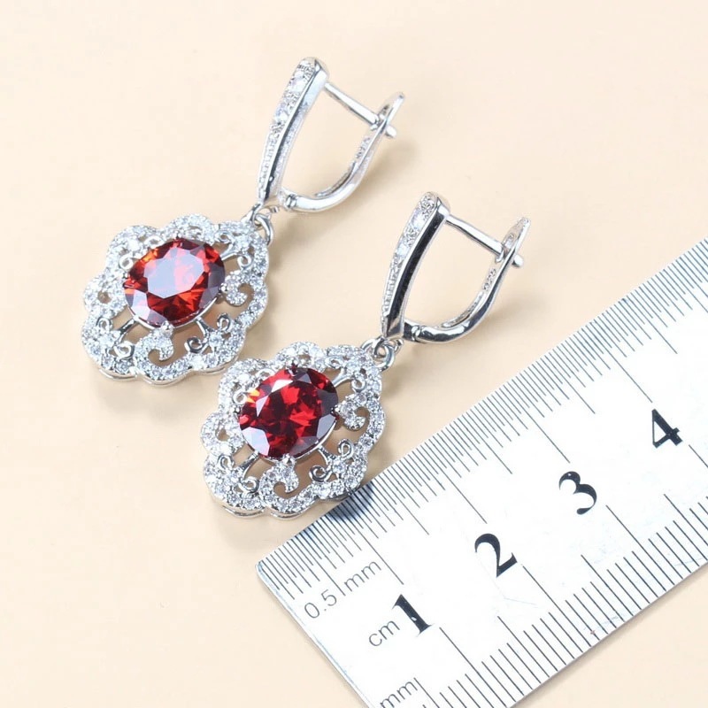 Garnet Cubic Zirconia Earrings Pendant Necklace Bracelet Ring Gift 4 PCs Set - Image 2