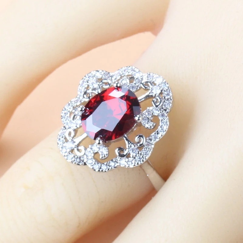 Garnet Cubic Zirconia Earrings Pendant Necklace Bracelet Ring Gift 4 PCs Set - Image 5