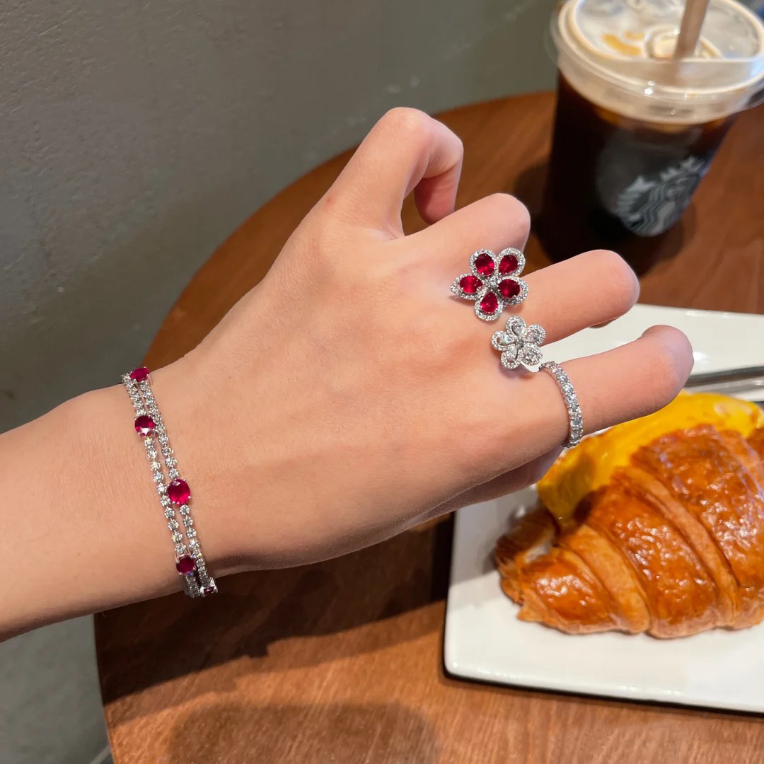 Colorful Bright Crimson Gemstone Flower Grape Purple Zircon Shining Diamond Flower Ring - Image 4