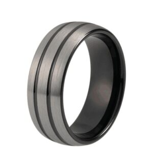 8mm Black Tungsten Wedding Ring for Men Women Dome Double Lines Silver Matte Top Center Comfort Fit