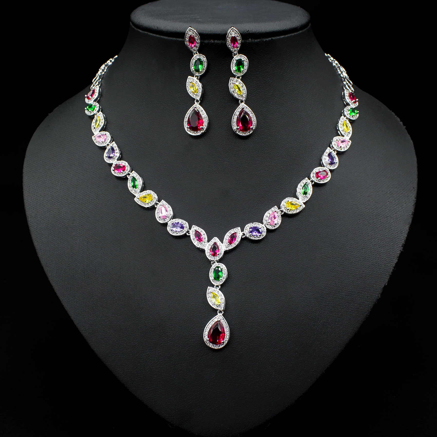 Colorful Zircon Necklace Earrings Clavicle Chain Female Noble Luxury Wedding Dress Three-piece Set - Image 5