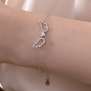 Sterling Silver Bracelet Female With Hearts Wings Zircon Inlaid