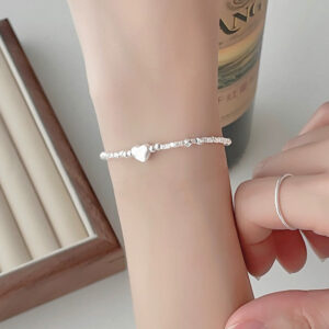 Women's Sterling Silver S925 Minimalist Design Elegant Heart Sliver Beads
