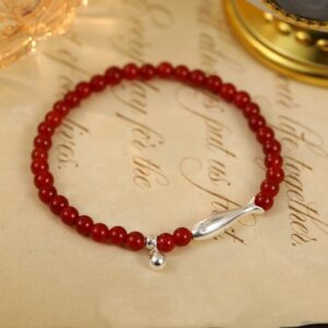 S925 Silver Fish Round Beads Red Agate Bracelet