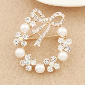Pearl Rhinestone Bow Accessory Pin Brooch For Women