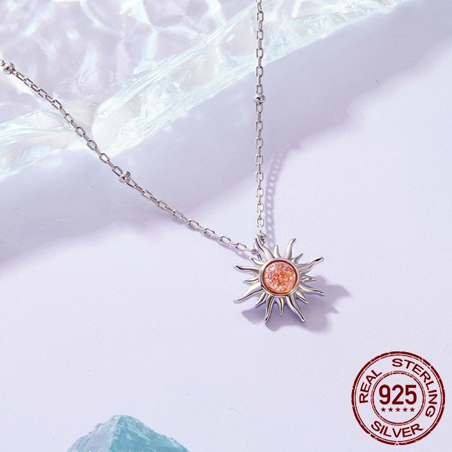 S925 Sterling Silver Sun Men's And Women's Light Sunstone Lucky Necklace Clavicle Chain - Image 6