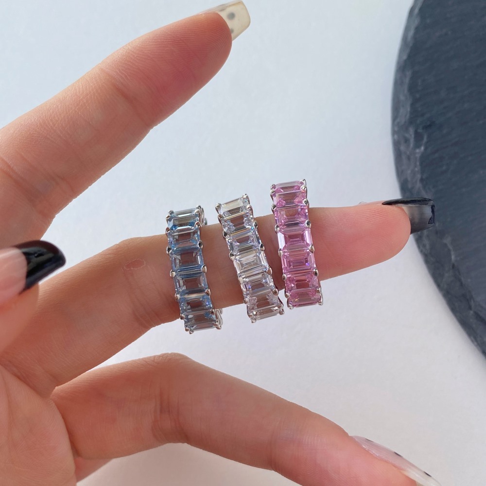 Women's Fashion Design Rectangular Full Diamond Super Glitter Zircon Silver Ring - Image 2