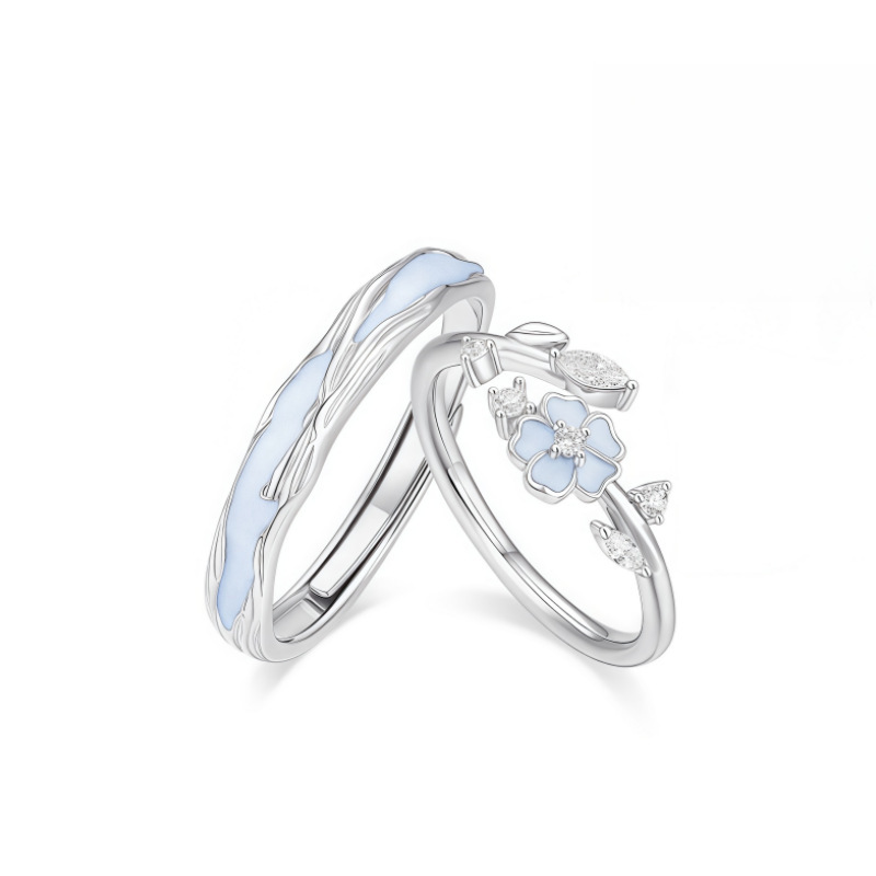 Creative Silver Sparkling Camellia Couple's Ring - Image 3