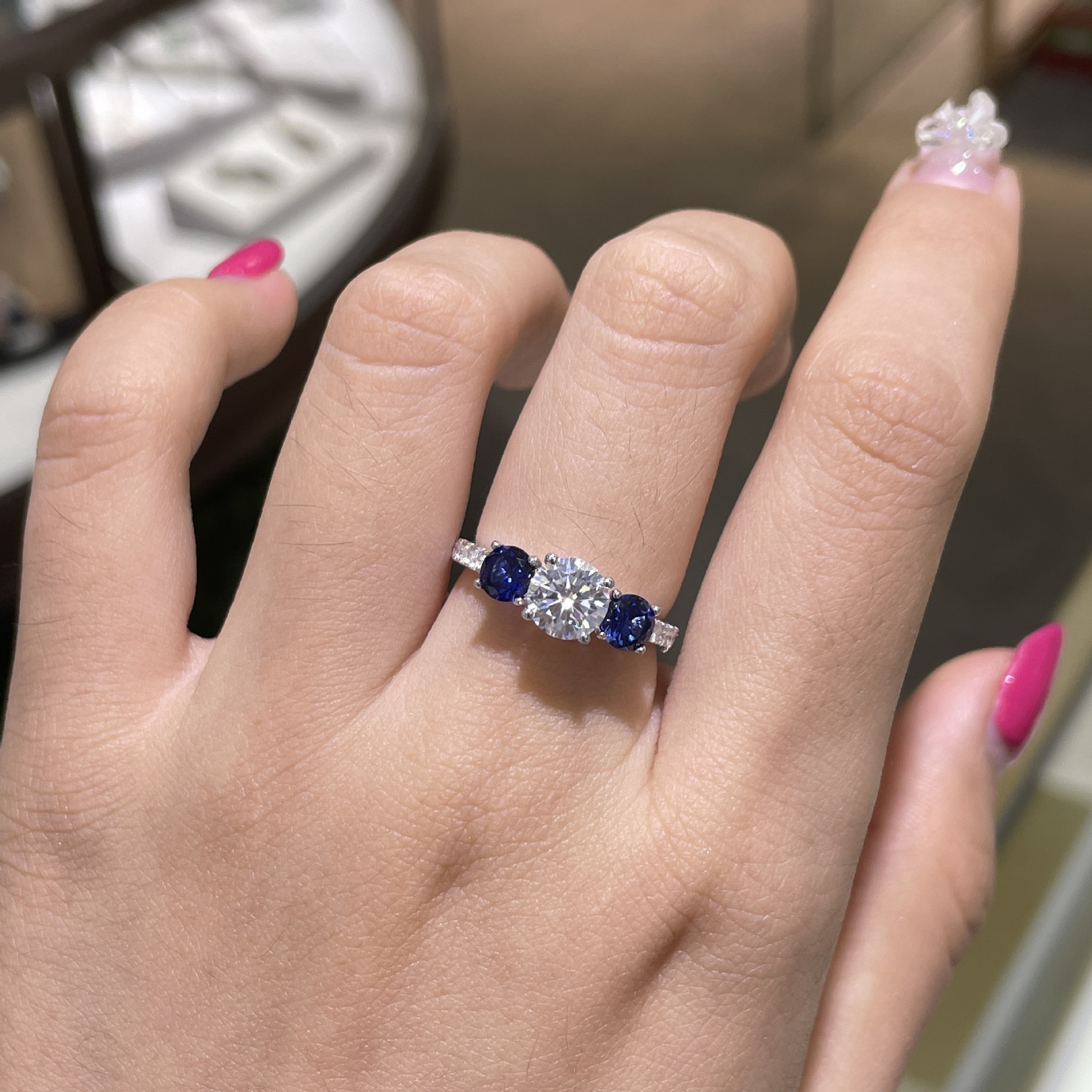 Classic Three-stone 65mm Round 1 Carat Sapphire Engagement Ring - Image 4