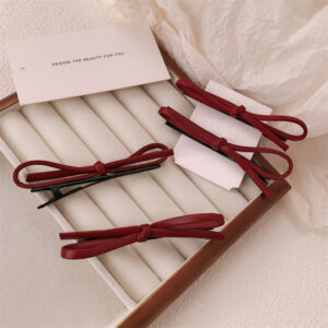 Wine Red Leather Bow Barrettes Simple Advanced