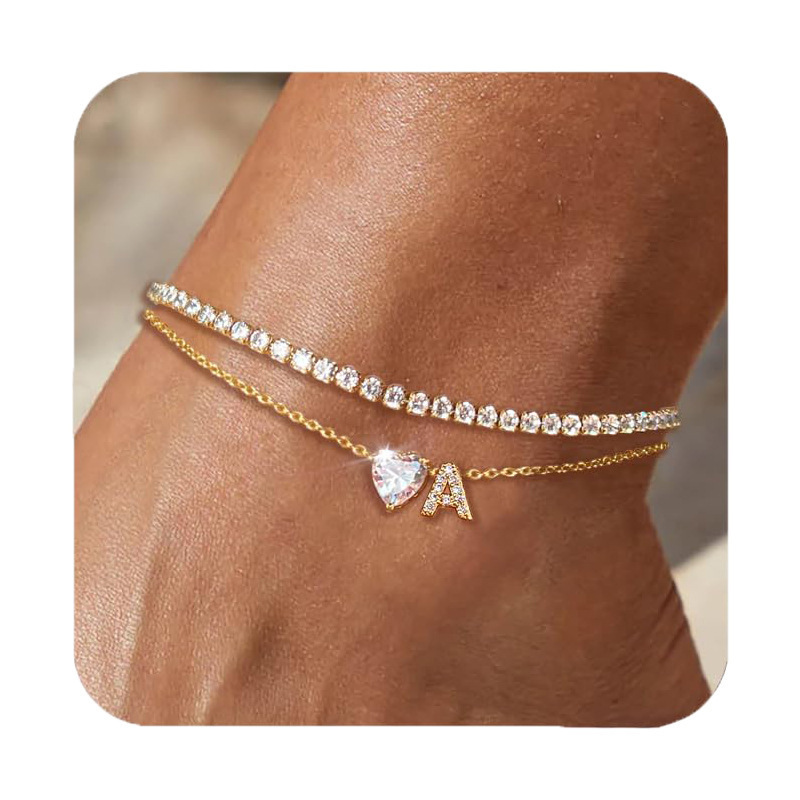 26 Letters Loving Heart Zircon Inlaid Layered Anklet - Image 7