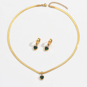 Lxalry 18K Gold Plated Stainless Steel Green Heart Jewelry Set For Women - Waterproof Hypoallergenic Elegant Necklace And Earrings Gift For Birthday Wedding Anniversary Christmas Daily Wear