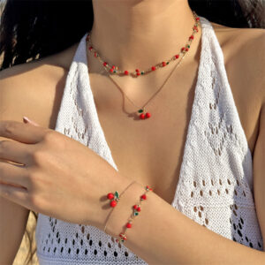 Red Cherry Fruit Necklace Bracelet Anklet Suit