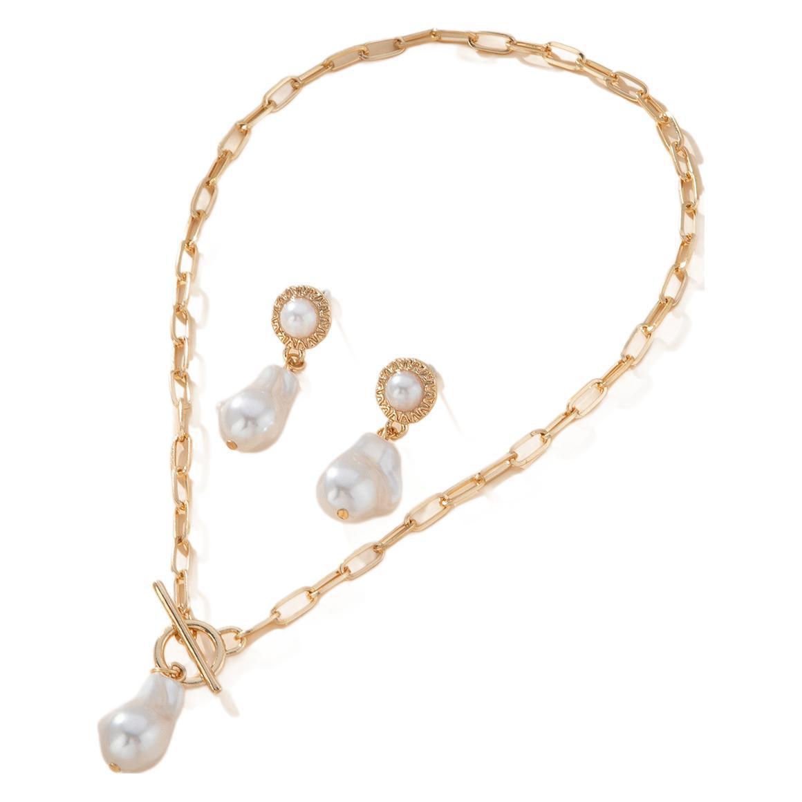 Retro Baroque Pearl Pendant Necklace Ear Stud 2-piece Set - Image 5