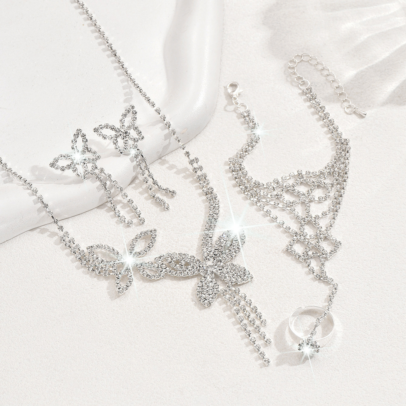 Butterfly Tassel Rhinestone Necklace Earring Bracelet 3 Pieces Suit - Image 3