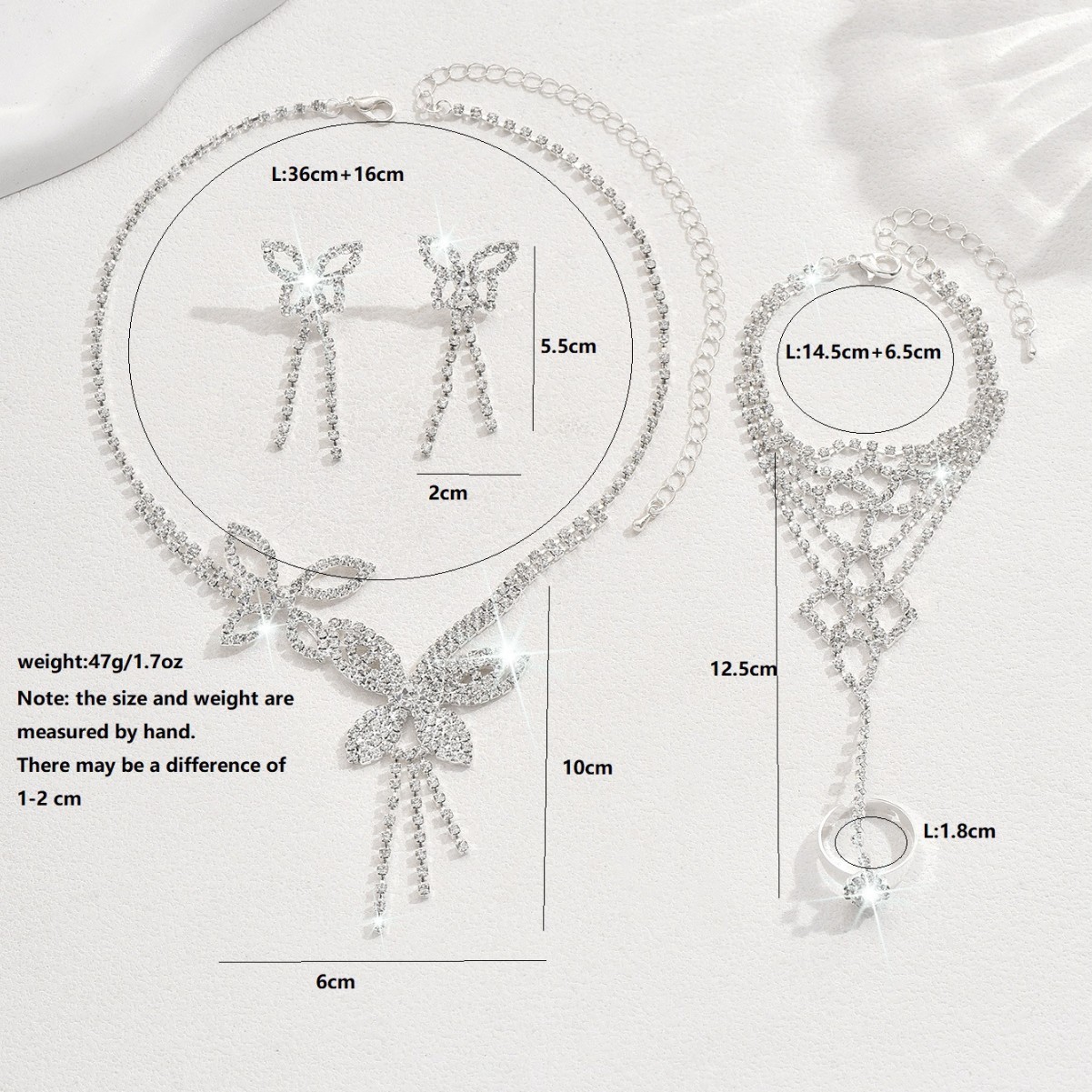 Butterfly Tassel Rhinestone Necklace Earring Bracelet 3 Pieces Suit - Image 4
