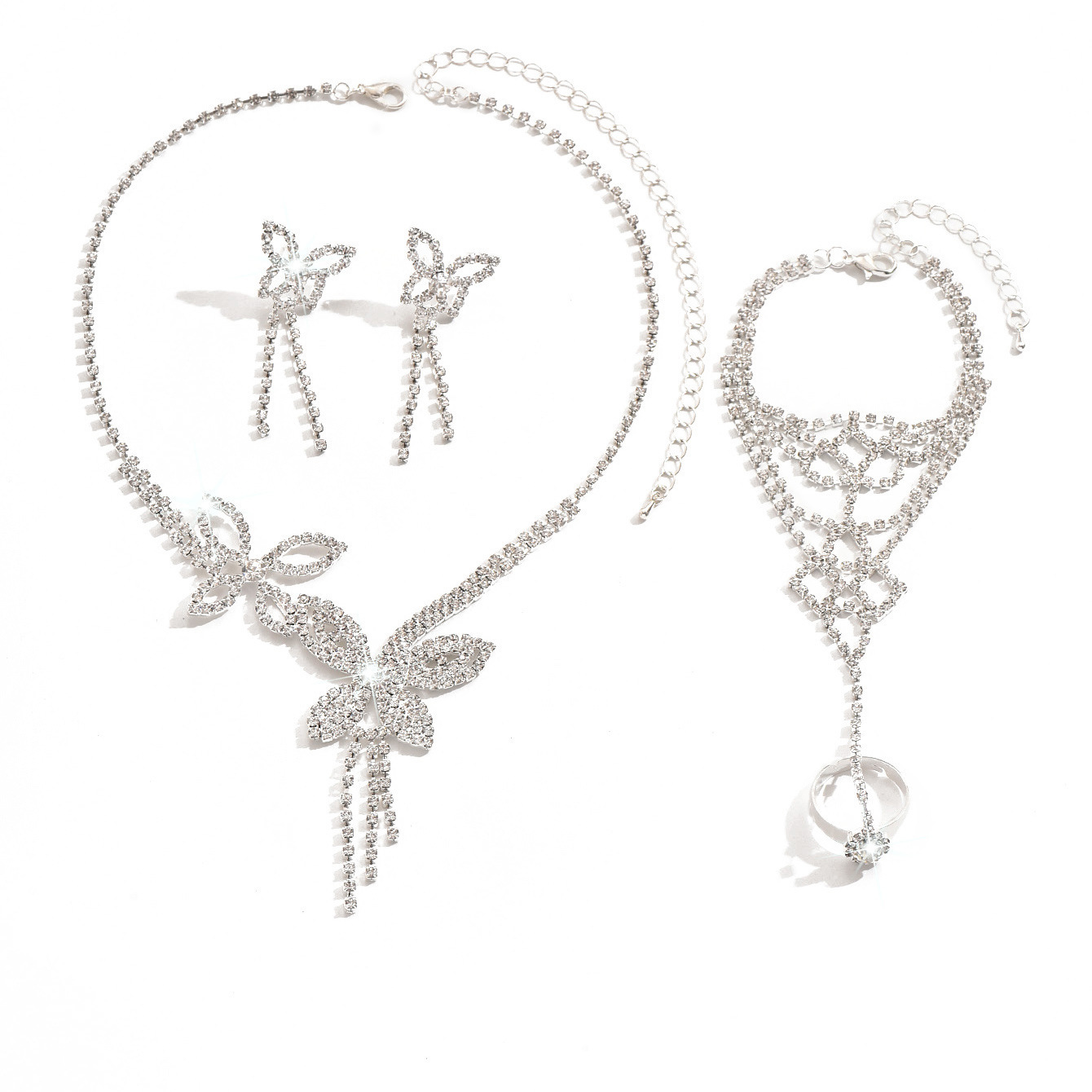 Butterfly Tassel Rhinestone Necklace Earring Bracelet 3 Pieces Suit - Image 5